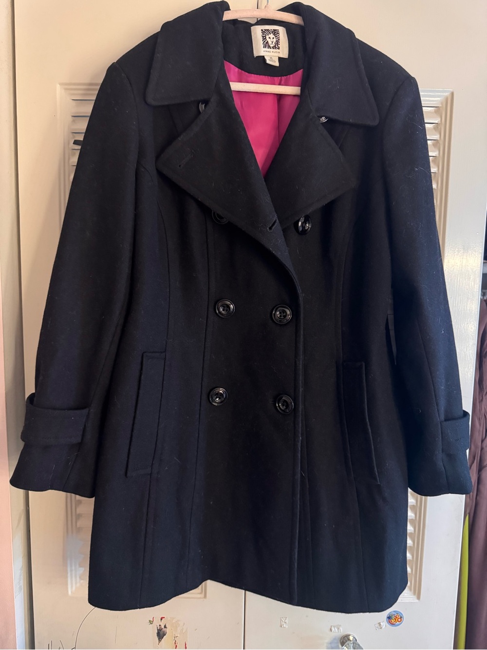 Anne Klein Black Double-Breasted Peacoat with Pink Lining